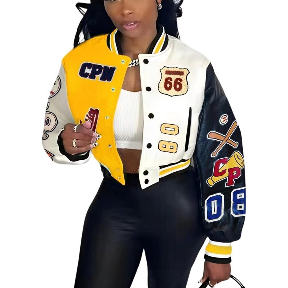Women's Varsity Jacket with Patches Print Cropped Bomber Leather Jacket A-Yellow